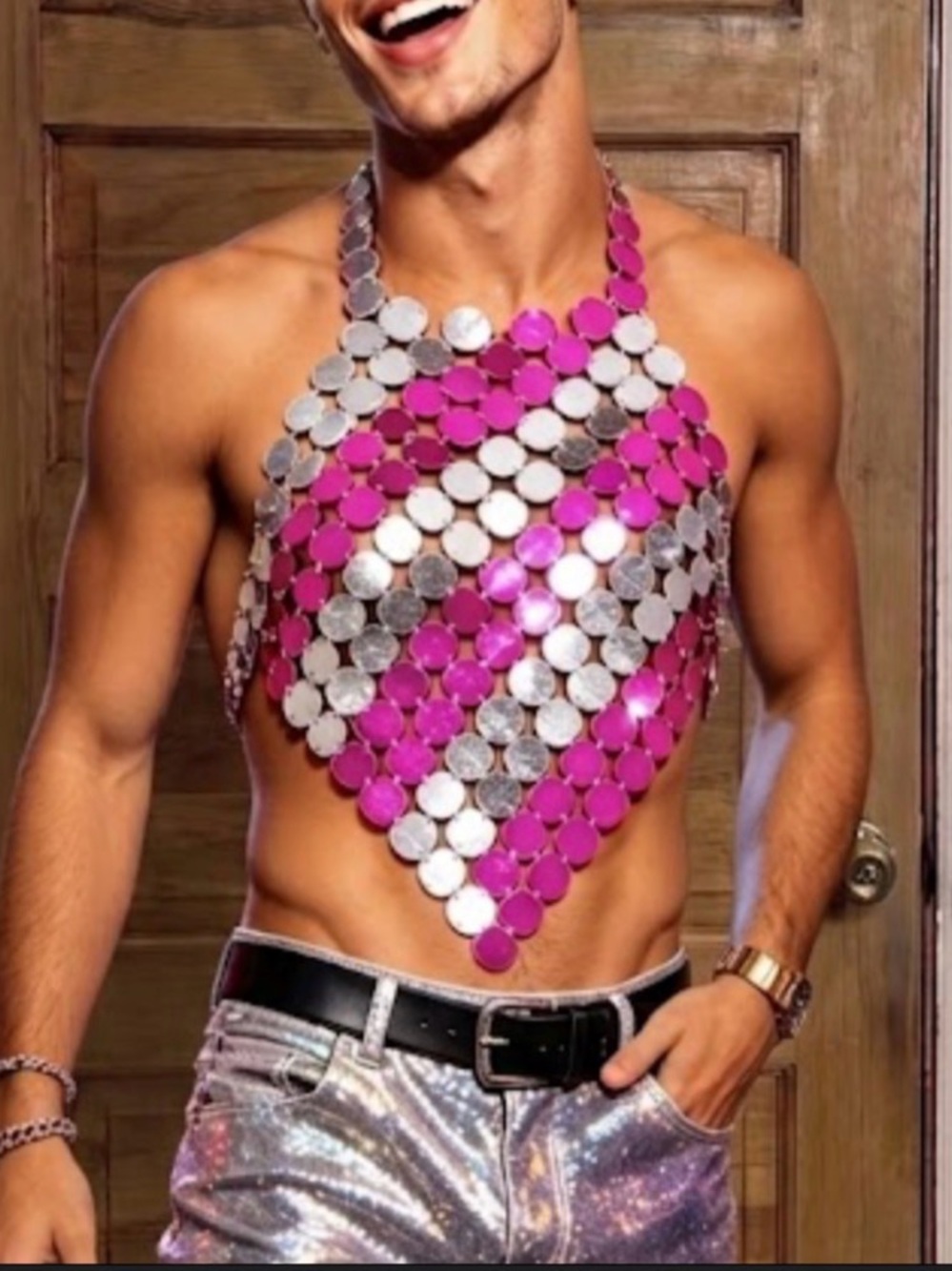 Men's Metallic Pink and Silver Sequin Chainmail Halter Top